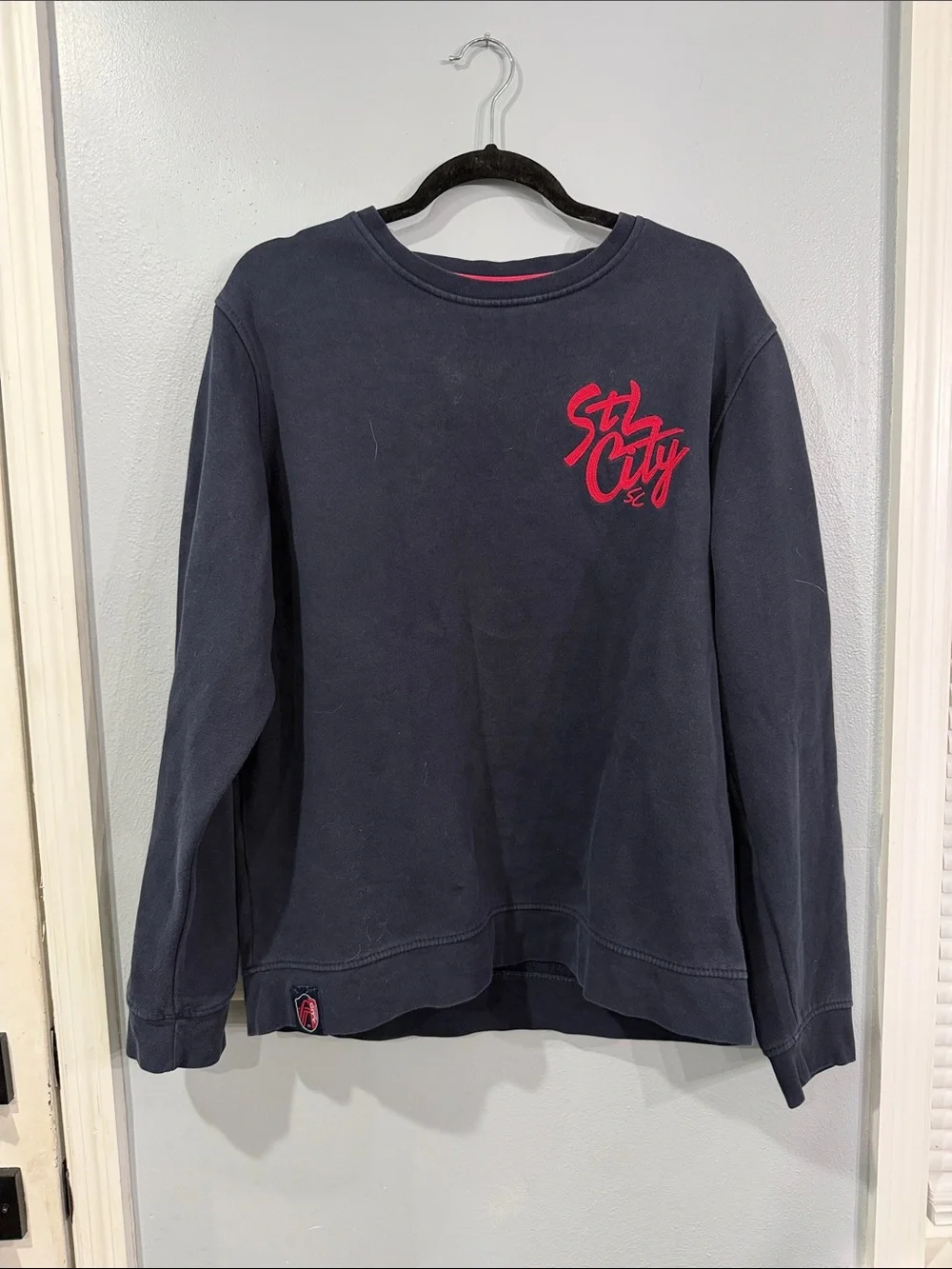 Men's Saint Louis City SC Navy Crewneck Sweatshirt with Red Chest Script